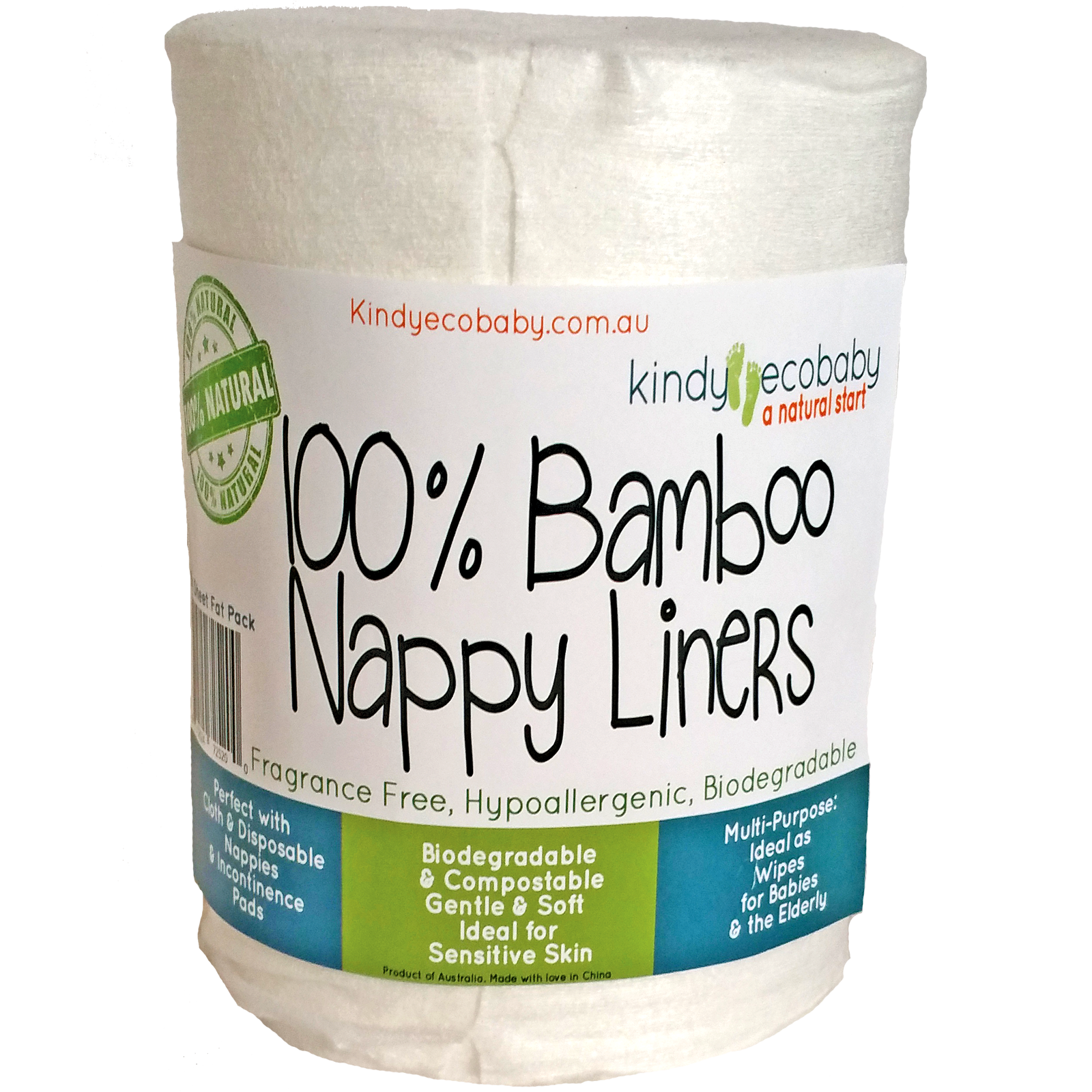 One roll of cream coloured flushable diaper liners from Kindy Ecobaby against a white background