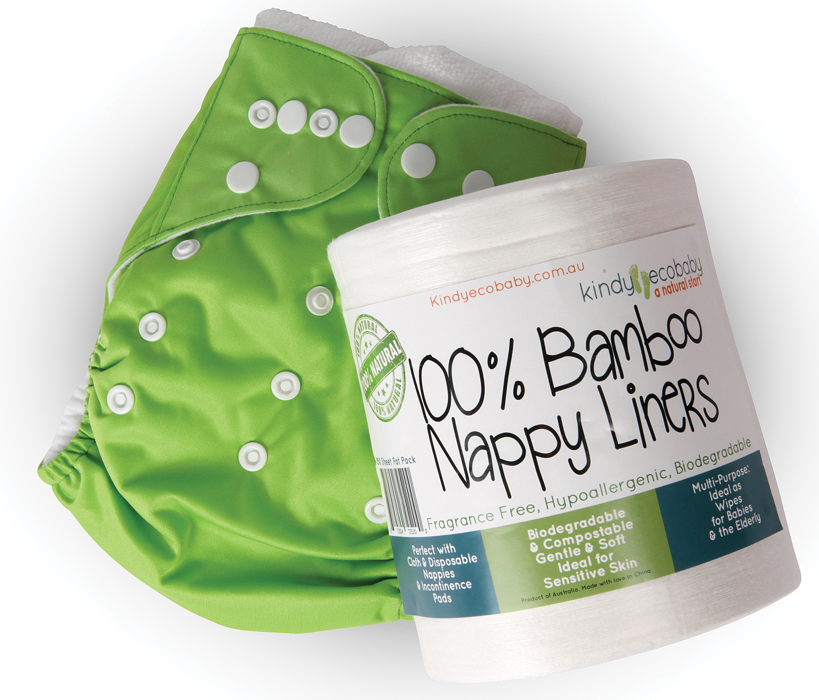 One roll of Kindy Ecobaby Bamboo Nappy Liners lying on its side on top of a green modern cloth diaper