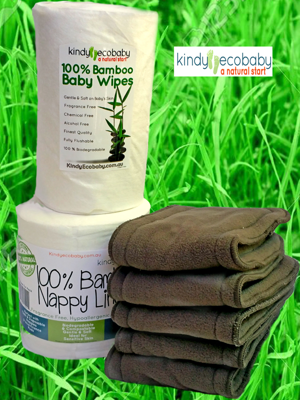 Kindy Ecobaby Cloth Nappy Starter Kit, featuring bamboo nappy liners, dry wipes, and charcoal inserts, arranged as an ideal gift for new mothers.