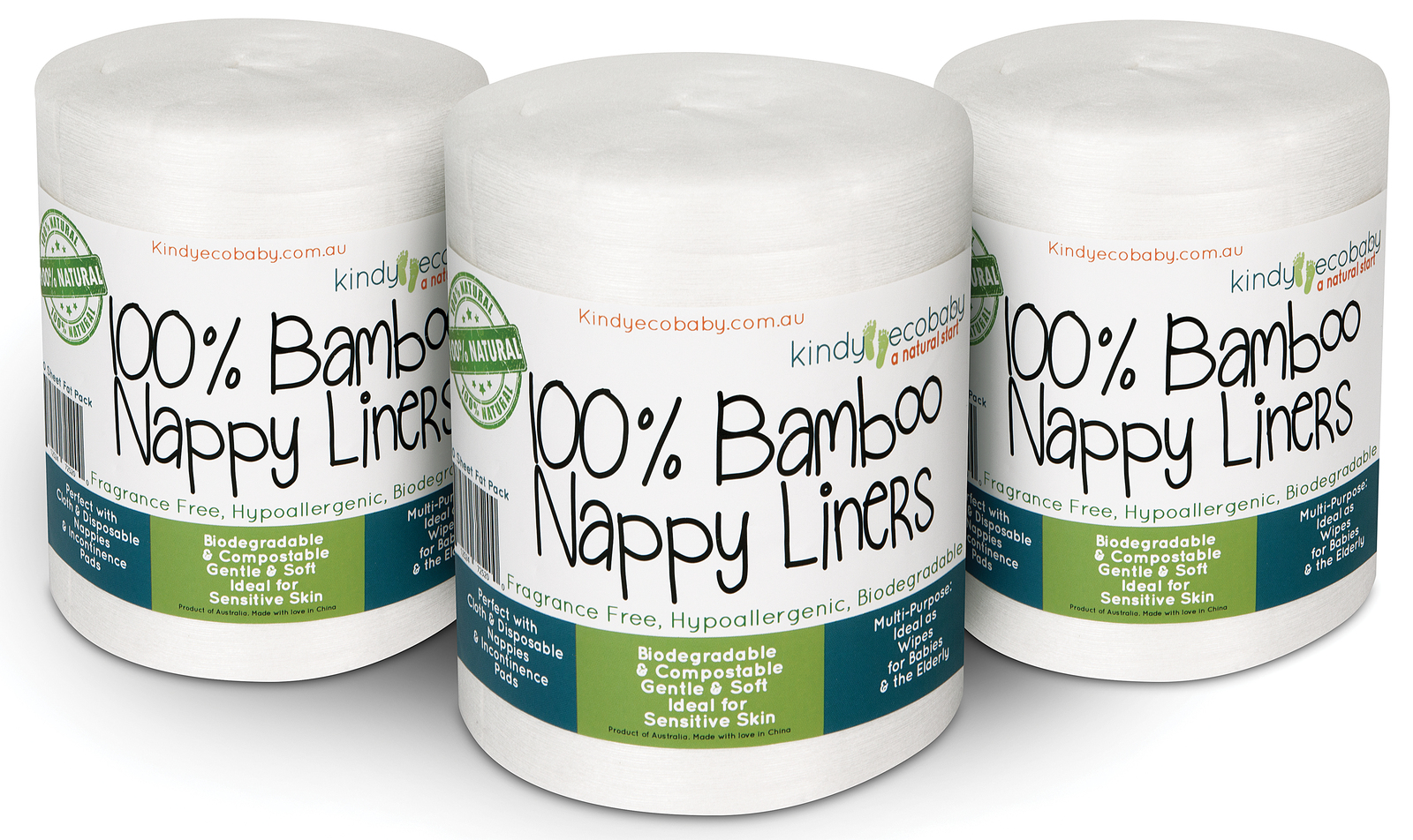 Pack of Kindy Ecobaby Bamboo Nappy Liners, showcasing 7 rolls with 250 sheets each, highlighting their biodegradable and hypoallergenic properties