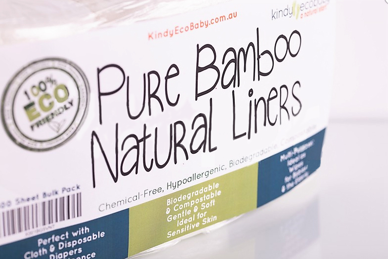 A pack of pure bamboo natural liners by Kindy Ecobaby with green and blue packaging. Taken at a slight angle