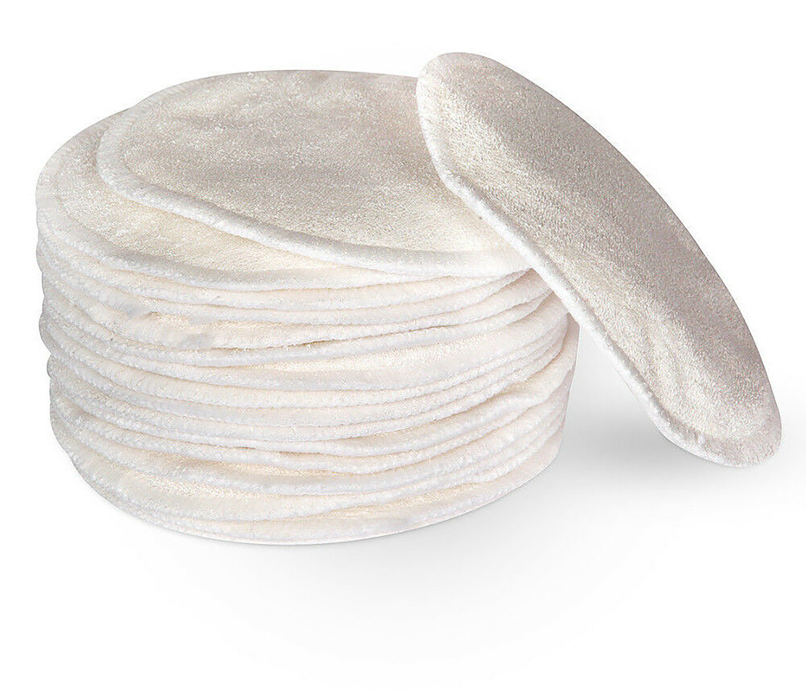 Round Bamboo Washable Maternity Pads, cream colored in a pile of about 20. Kindy Ecobaby