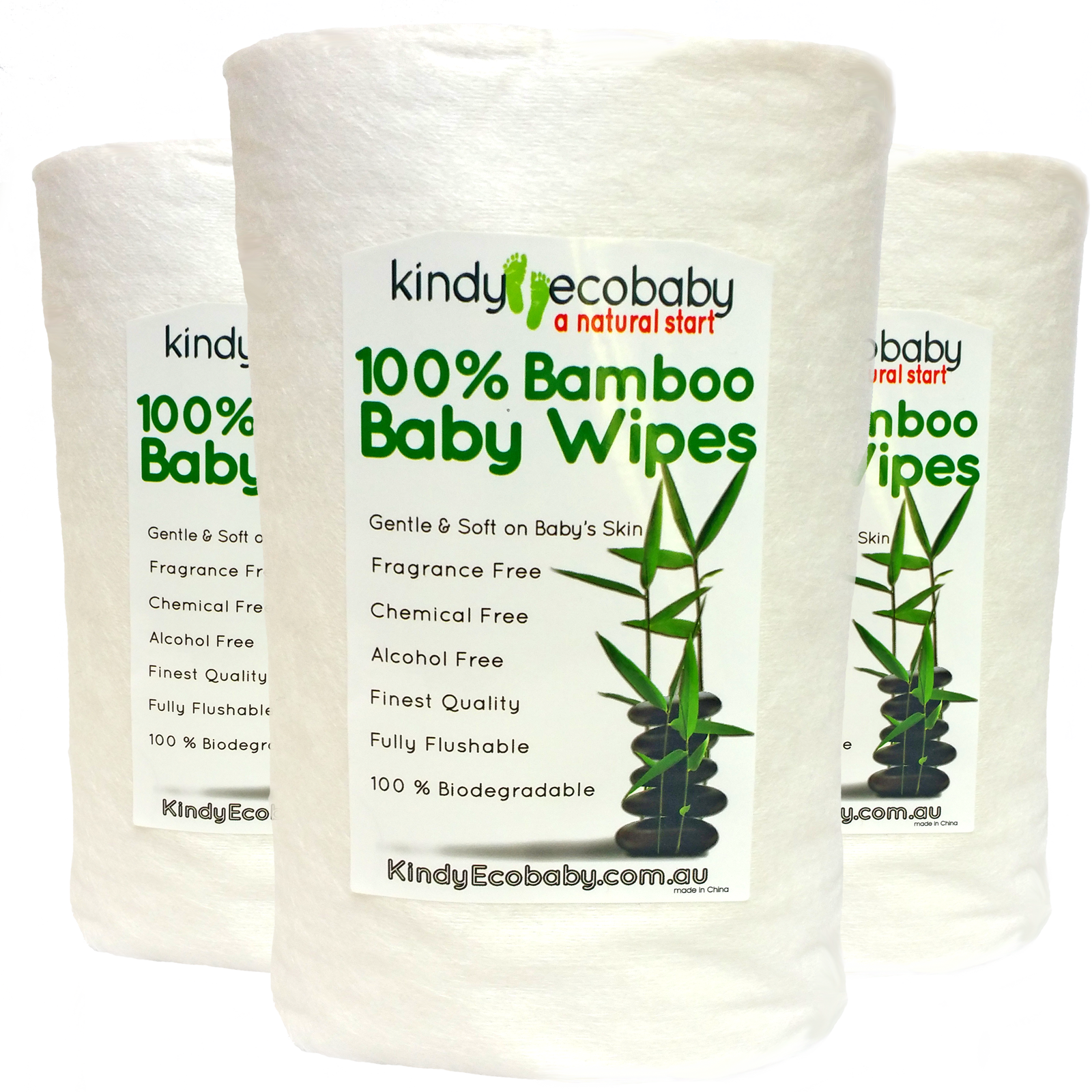 three rolls of kindy ecobaby bamboo wipes 