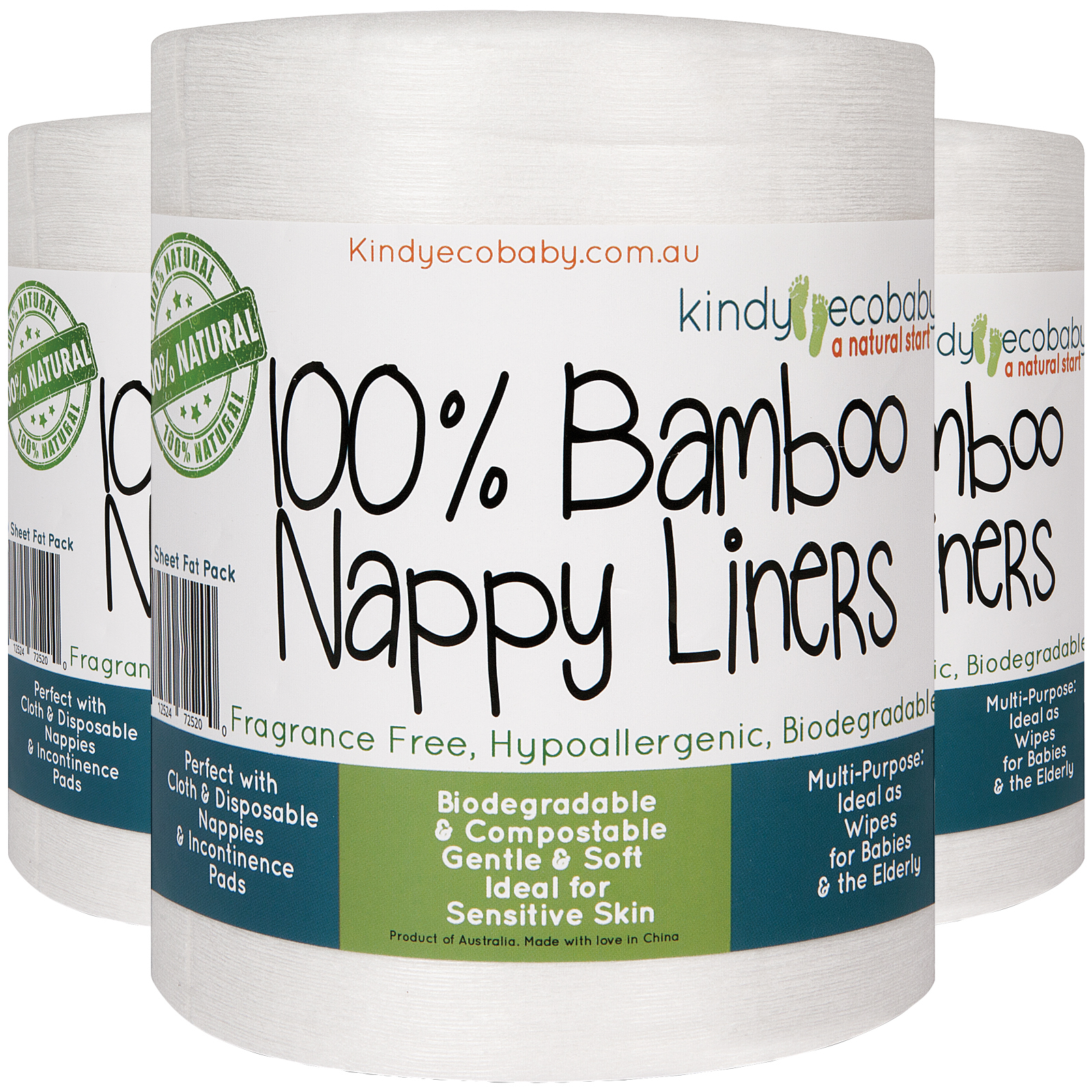 Three rolls of Kindy Ecobaby Disposable Bamboo Nappy Liners 