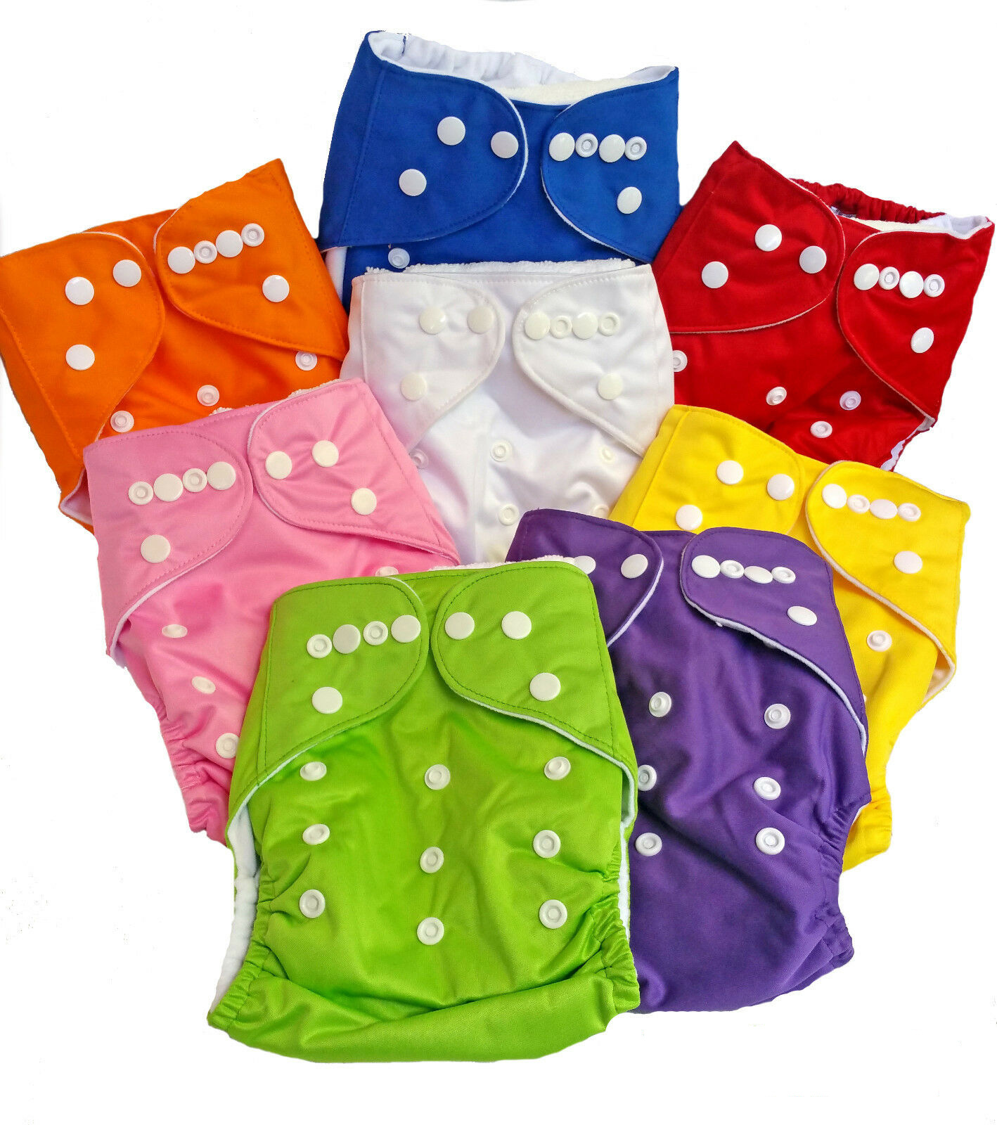 Display of Kindy Ecobaby's 10-Pack Cloth Nappies in various colors, complete with microfibre inserts, showcasing ease of use, adjustability, and eco-friendliness.