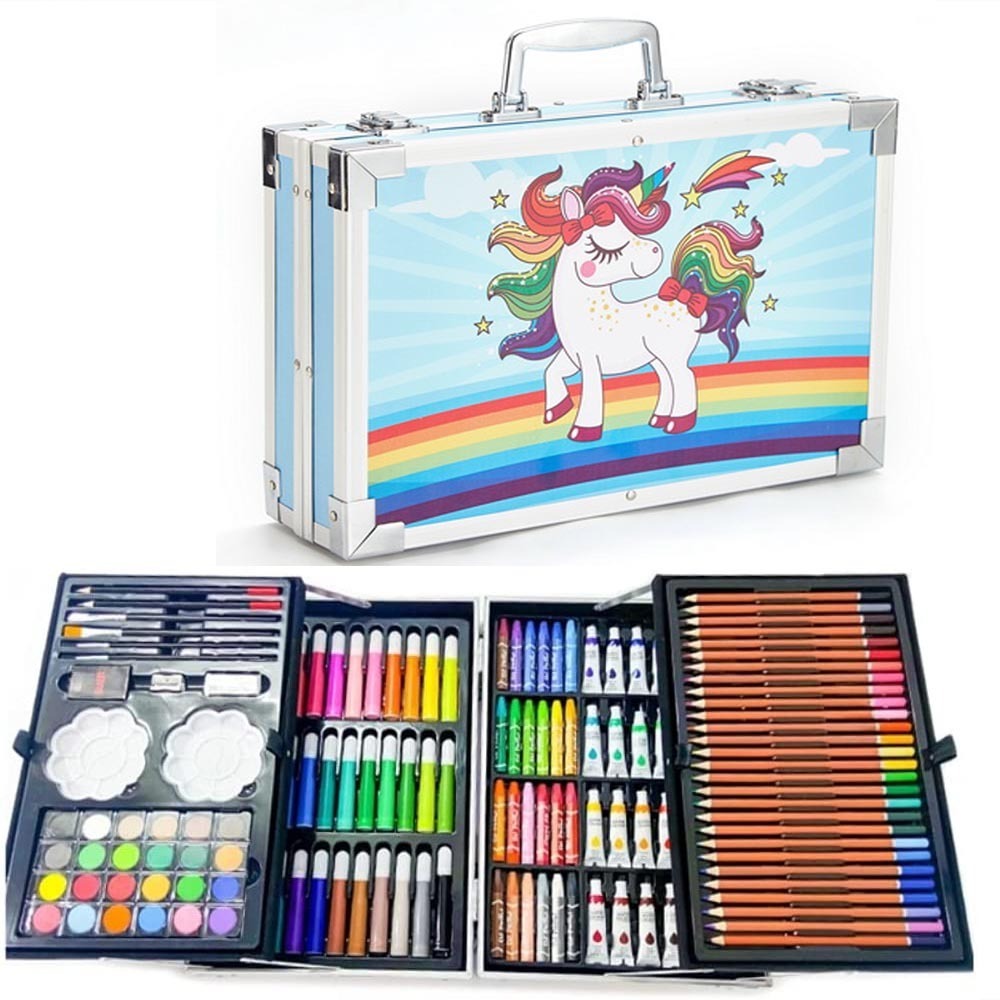 Kindy Ecobaby Complete Art Set suitcase, filled with colorful art supplies like pencils, markers, and paints, in various case designs like Blue Unicorn and Pink Unicorn.