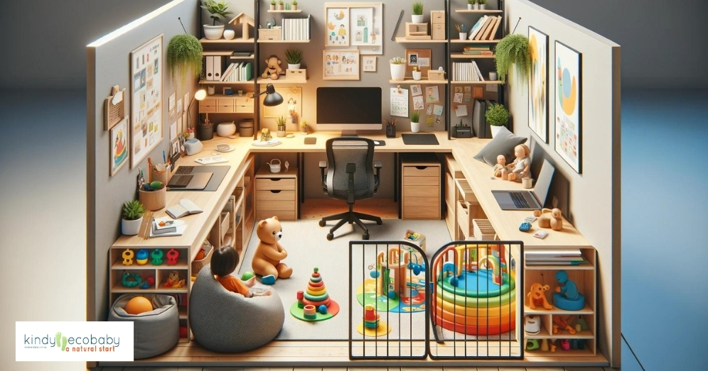 A home office setup with a dedicated workspace on one side and a safe, engaging play area for a toddler on the other, symbolizing a balanced environment for working parents.