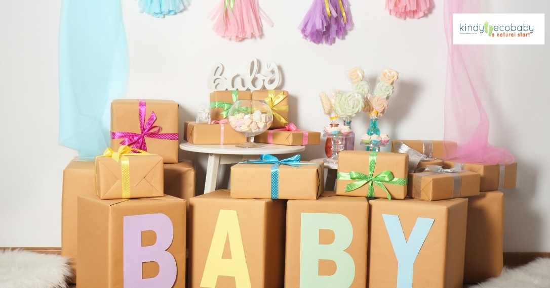 A beautifully decorated baby shower venue with eco-friendly and personalized decorations, featuring a mix of vibrant neutral colors, DIY craft stations, and a global cuisine table setup, symbolizing a modern, inclusive celebration.